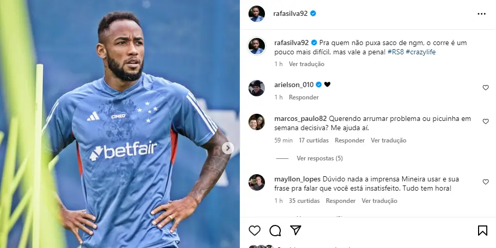 Rafa Silva: Postagem no Instagram agita torcida do Cruzeiro às vésperas da final